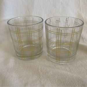Vintage Mid-Century Modern Gold Grid Lowball Rocks Glasses Set of 2